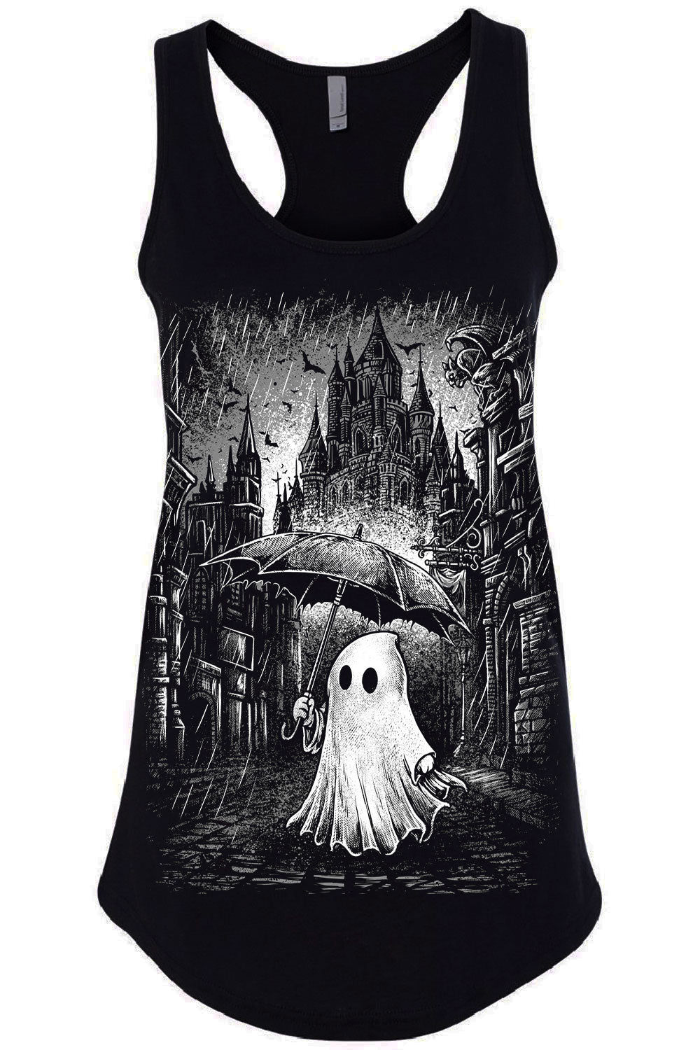 Womens emo black racerback with ghost in rain graphic