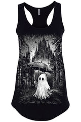 Womens emo black racerback with ghost in rain graphic
