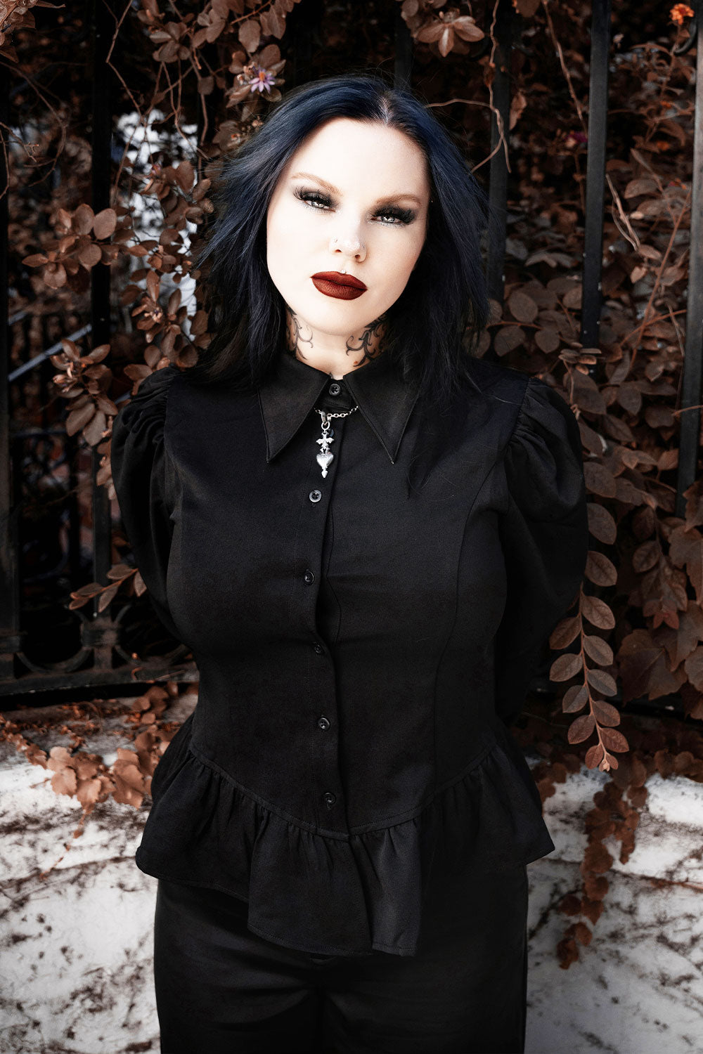 victorian gothic peplum button-up top for women with flared cuffs