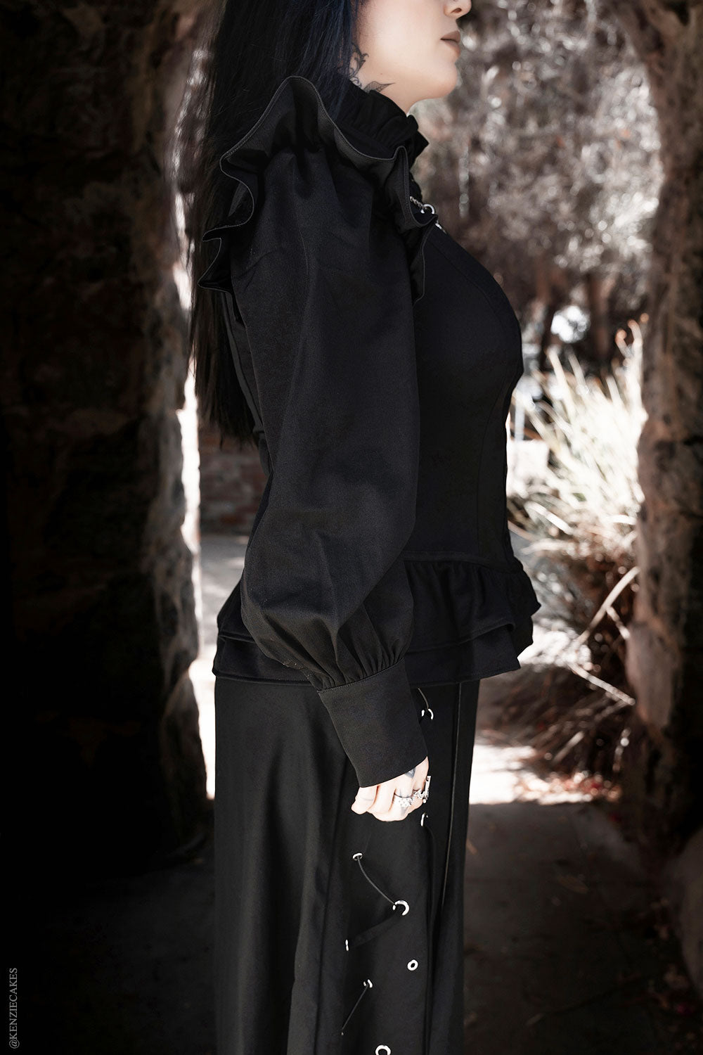 button-up goth victorian blouse  with ruffled shoulders