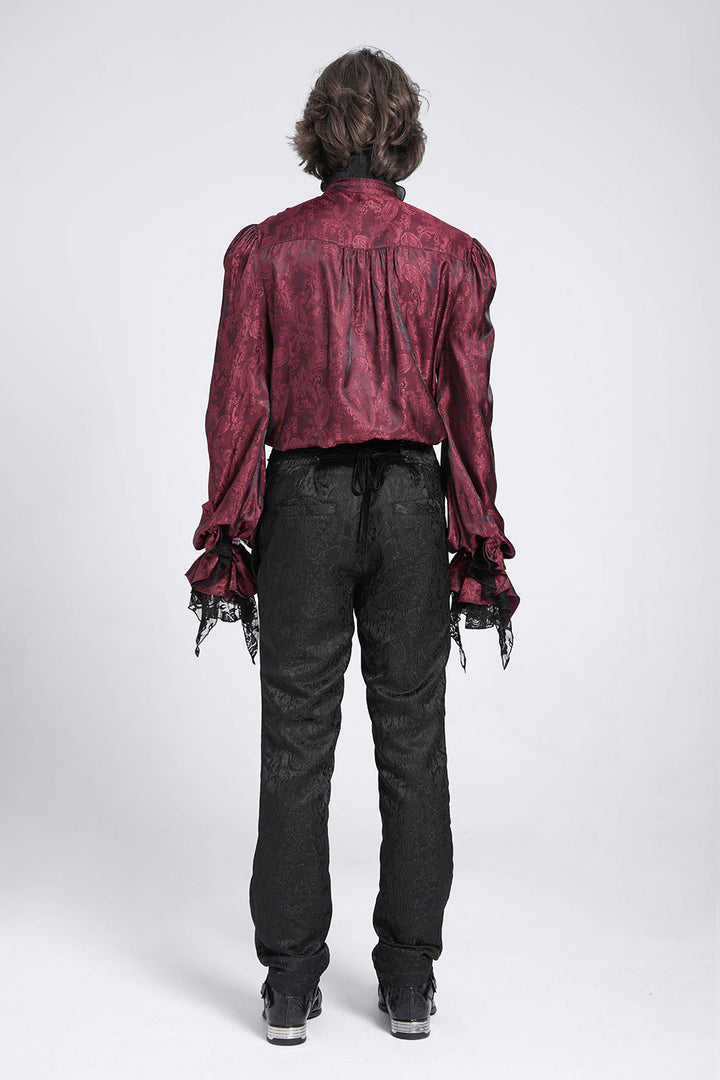Mens deep red button down with black lace and jabot