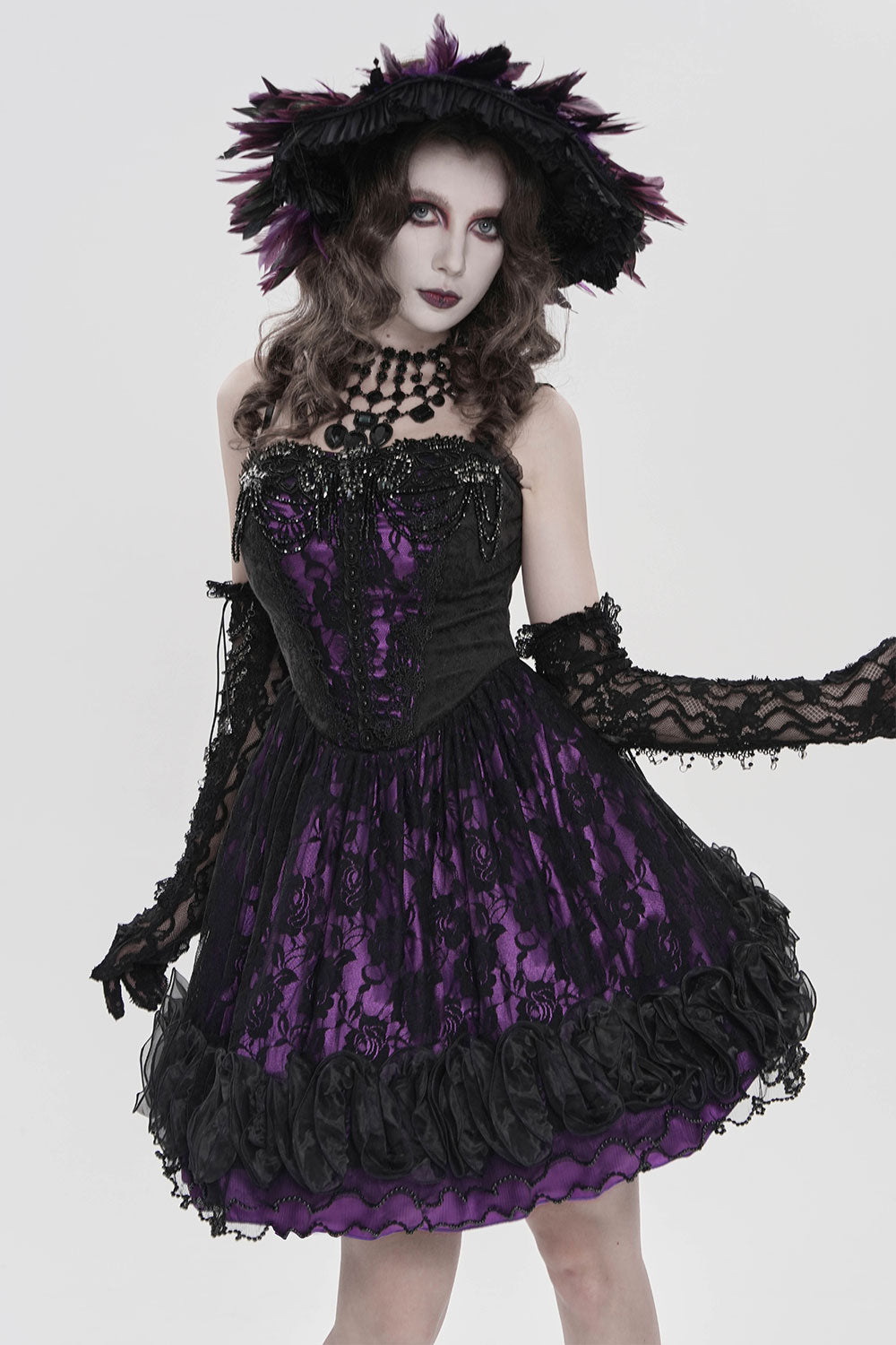 Lace beaded purple black dress