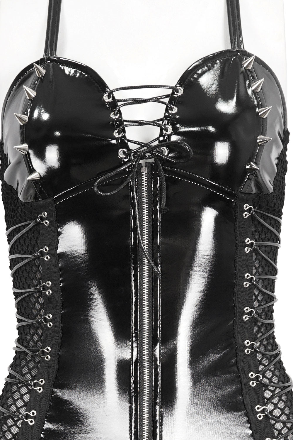 Womens punk bodysuit with spikes and mesh detail