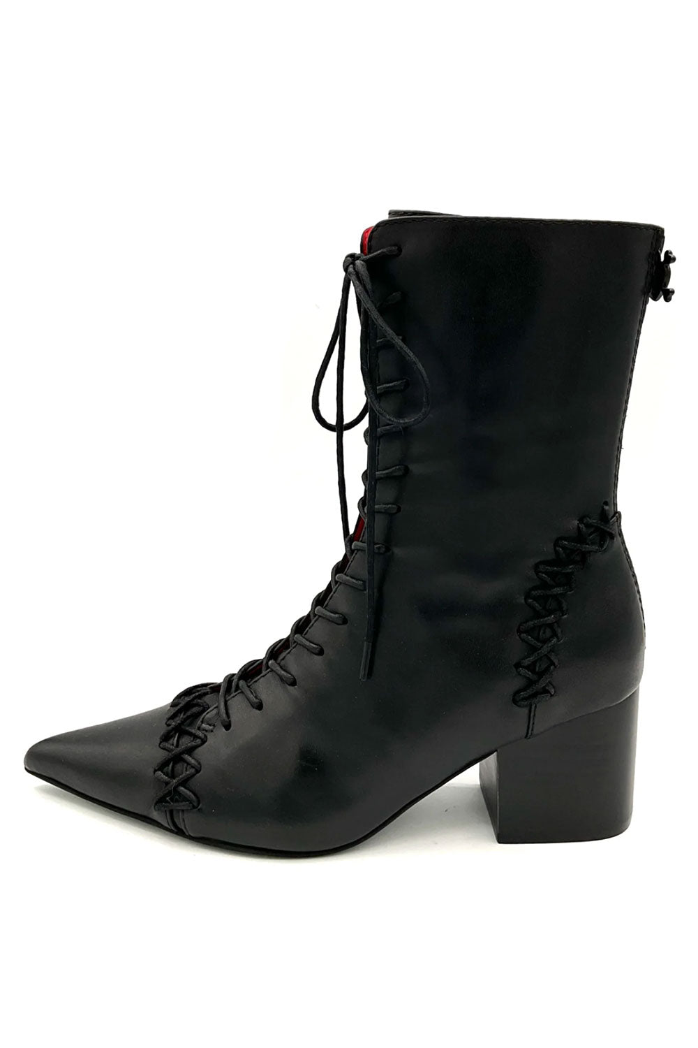 Womens black leaher lace up boot with block heel