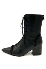 Womens black leaher lace up boot with block heel