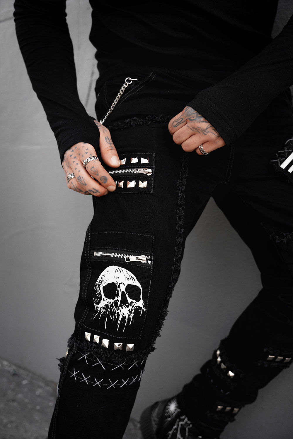 mens punk studded pants with shredding 
