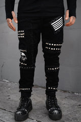 mens gothic pants with zippers, patches, and studs