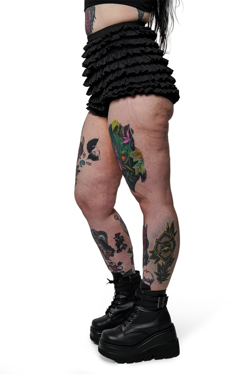 tiered black ruffled bloomer shorts