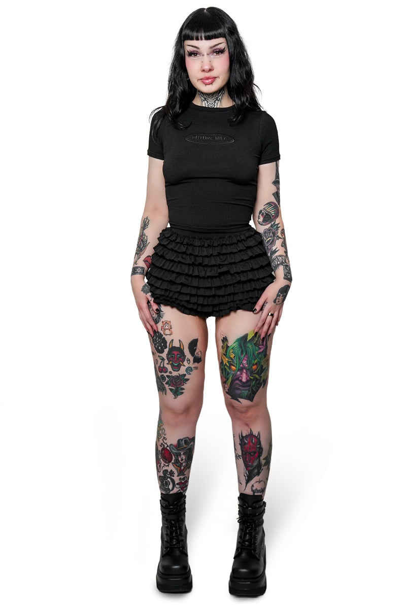 high waisted black ruffled bloomer shorts
