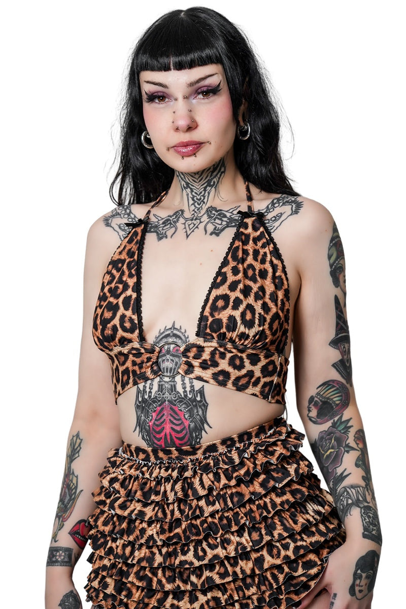 leopard halter top with metal o-ring and bows