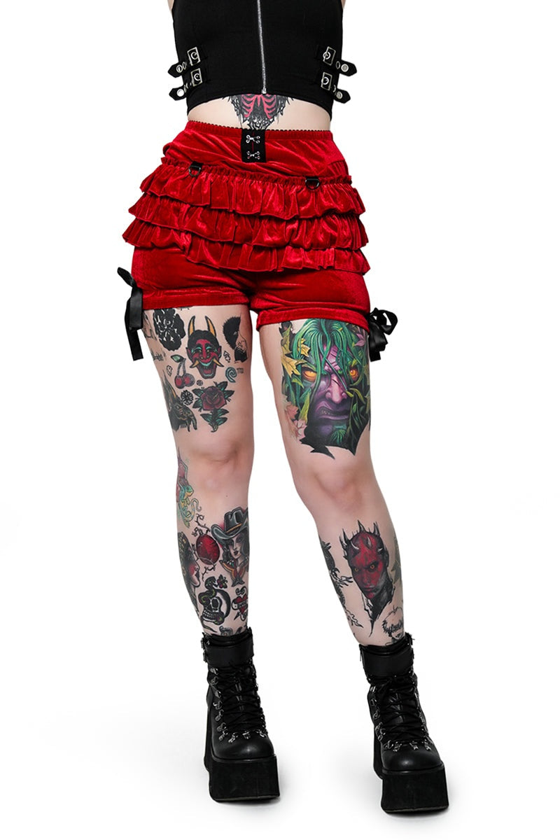 red womens high waisted ruffle velvet bloomers