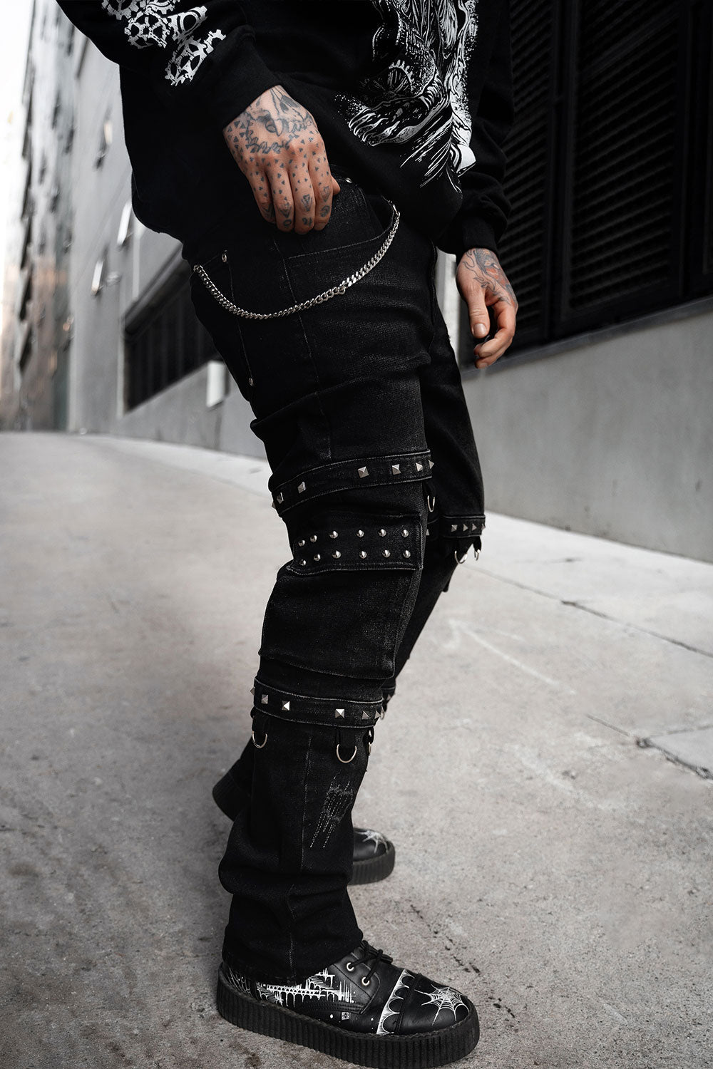 mens distressed studded punk baggy jeans