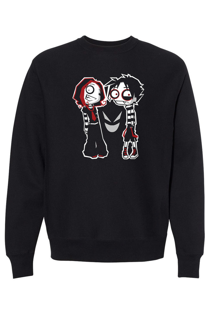 Black sweatshirt with a graphic print of two emo cartoonish characters on the front.