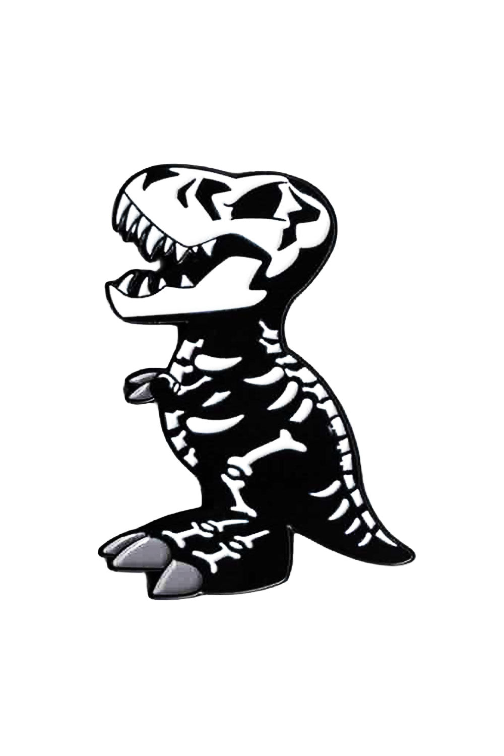 Black and white dinosaur skeleton enamel pin on a white background