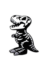 Black and white dinosaur skeleton enamel pin on a white background