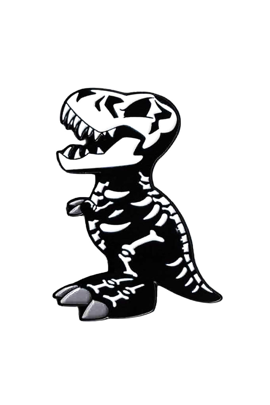 Black and white dinosaur skeleton enamel pin on a white background
