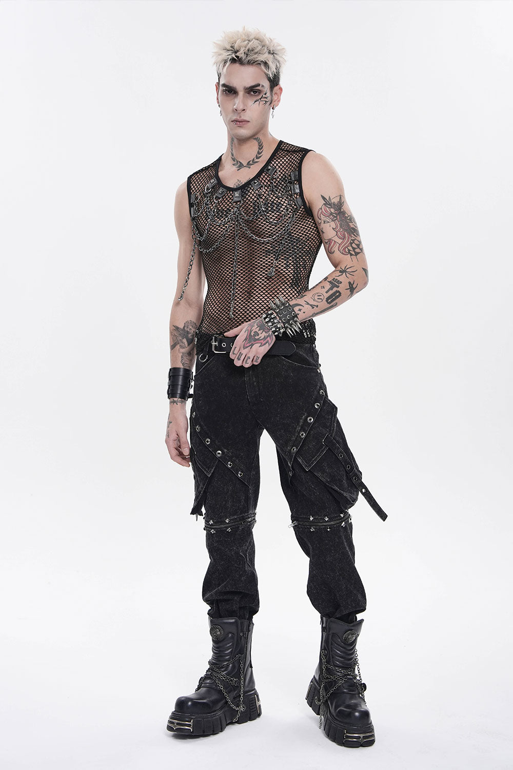 Mens fishnet top with chains