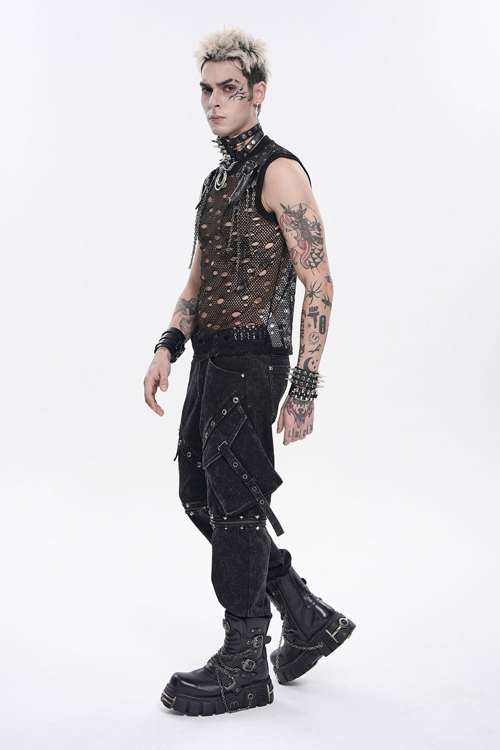 Devil Fashion mens fishnet tank top with chains