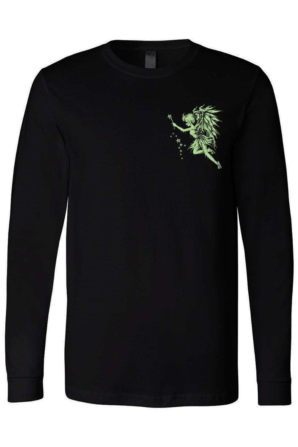 Creepy goth tinkerbell graphic on long sleeve black shirt