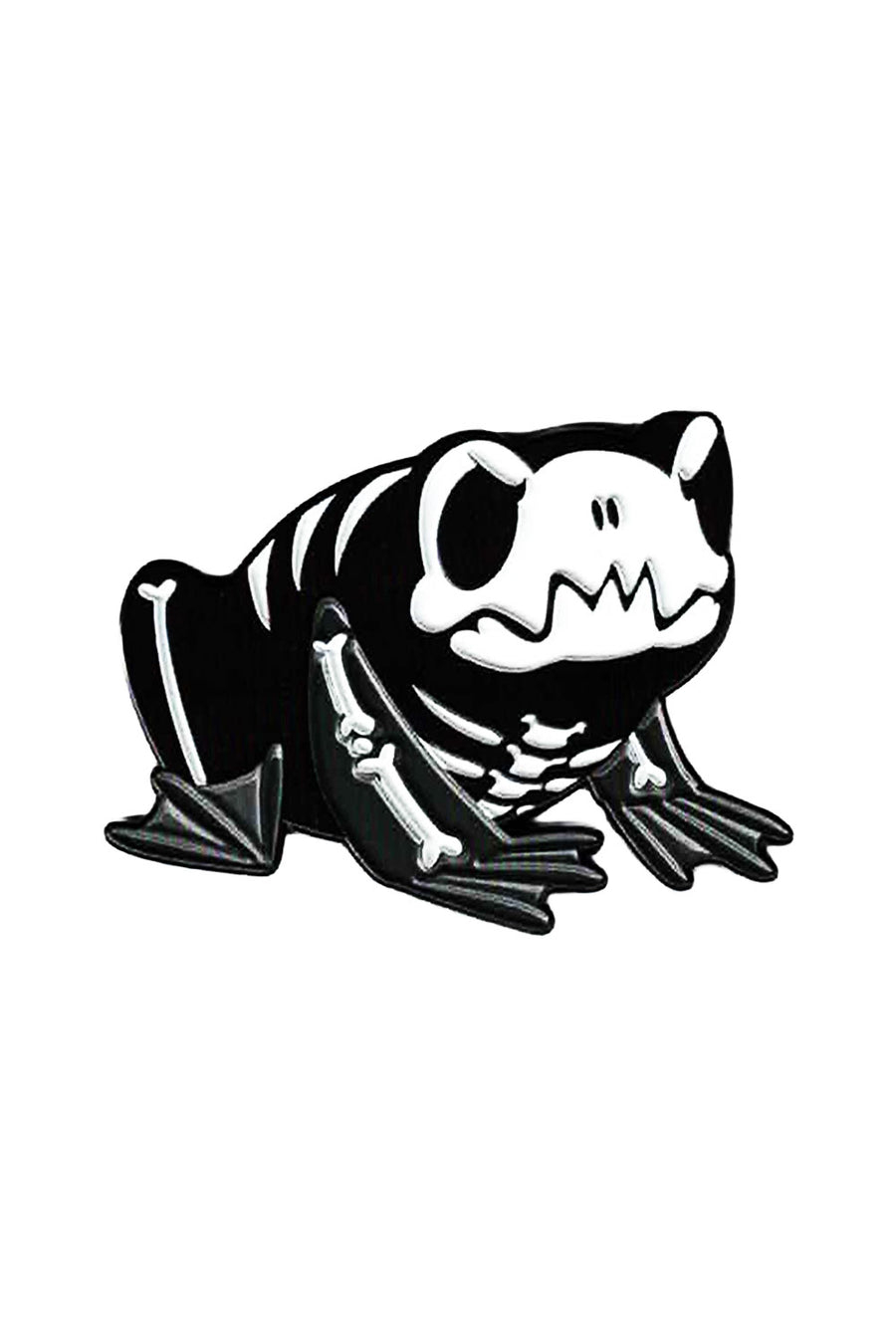 Black and white skeleton frog pin on a white background