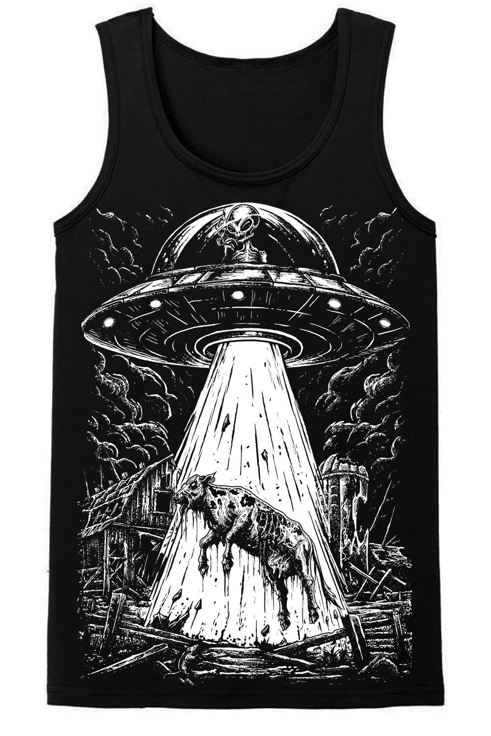 spooky alien abducting a zombie cow in a flying saucer UFO graphic tank top for men