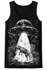 spooky alien abducting a zombie cow in a flying saucer UFO graphic tank top for men
