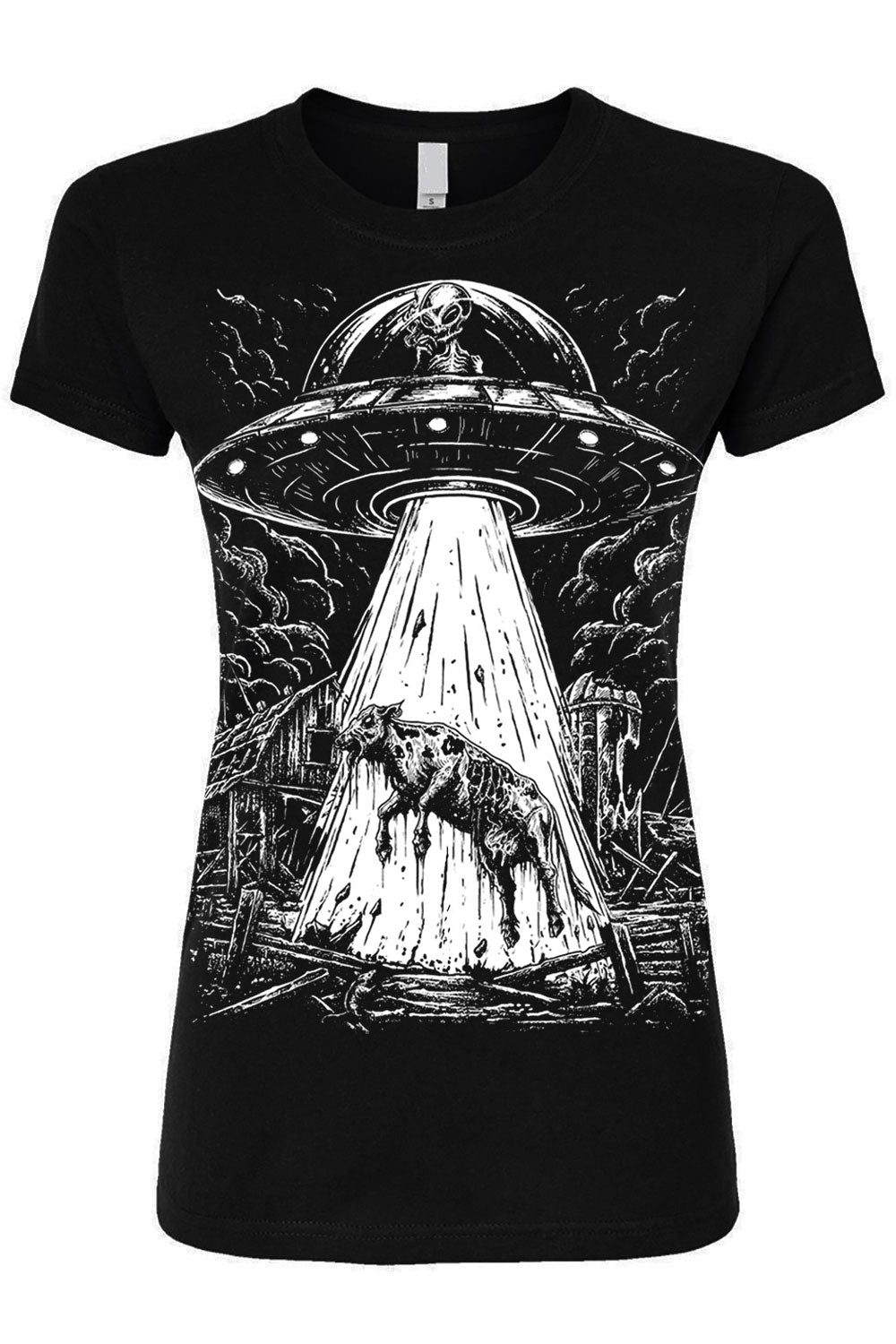 spooky alien abducting a aombie cow in a flying saucer UFO graphic t-shirt 