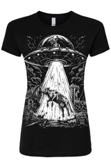 spooky alien abducting a aombie cow in a flying saucer UFO graphic t-shirt 