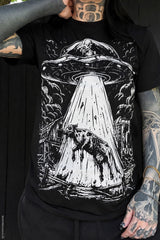 womens printed graphic tee with cow being abducted by alien in flying saucer