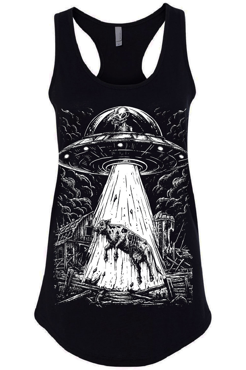 novelty spooky alien abducting a zombie cow in a flying saucer UFO graphic tank top for women