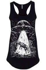 novelty spooky alien abducting a zombie cow in a flying saucer UFO graphic tank top for women