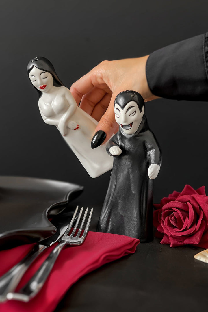 morticia and gomez addams inspired alt and pepper shakers
