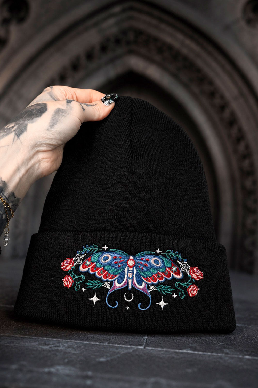 goth emo punk black beanie hat with colorful luna moth