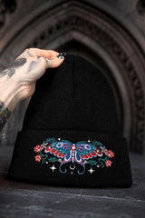 goth emo punk black beanie hat with colorful luna moth