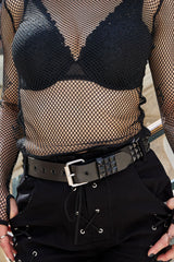 genuine real leather black metal studded belt