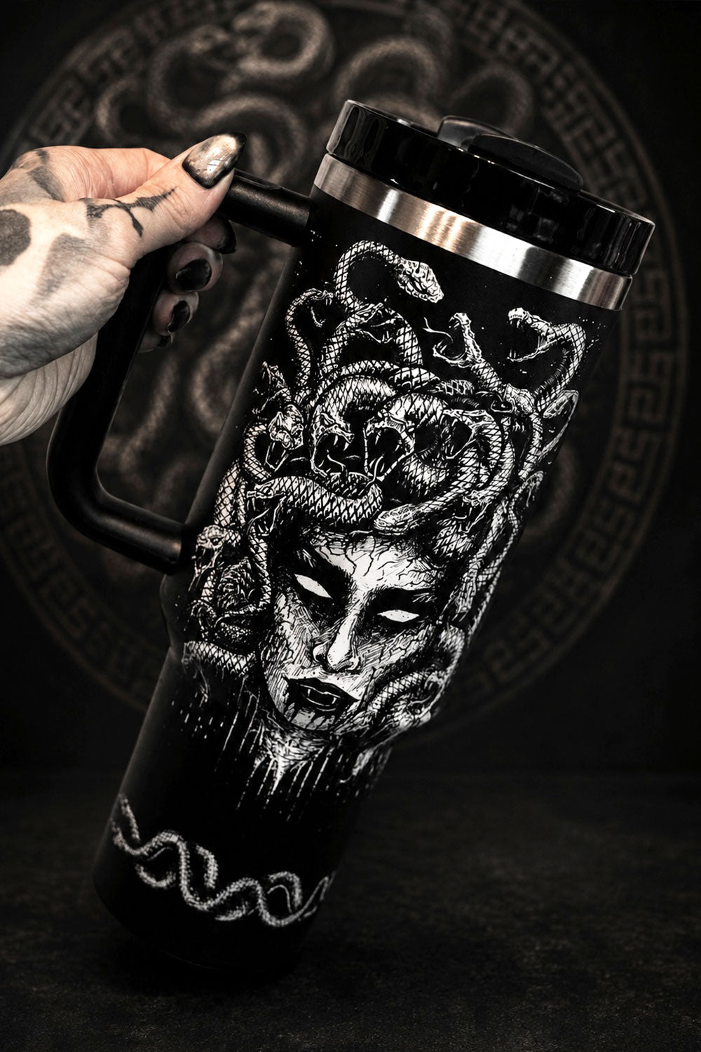 Medusa graphic tumbler for hot or cold beverages