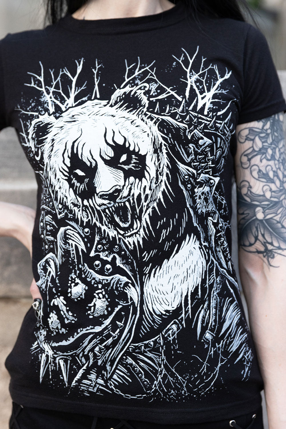 Printed graphic cotton tshirt with heavy metal panda bear