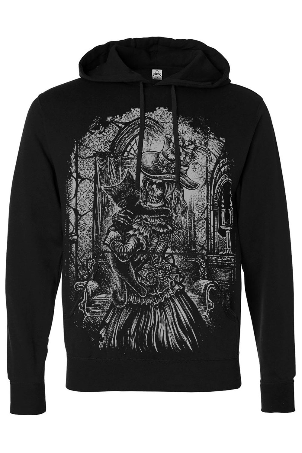 black hoodie featuring a skeleton holding a black cat 