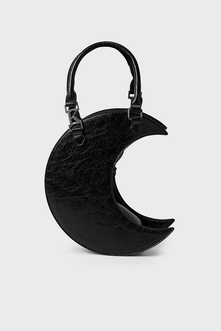Black crescent moon-shaped handbag on a light gray background