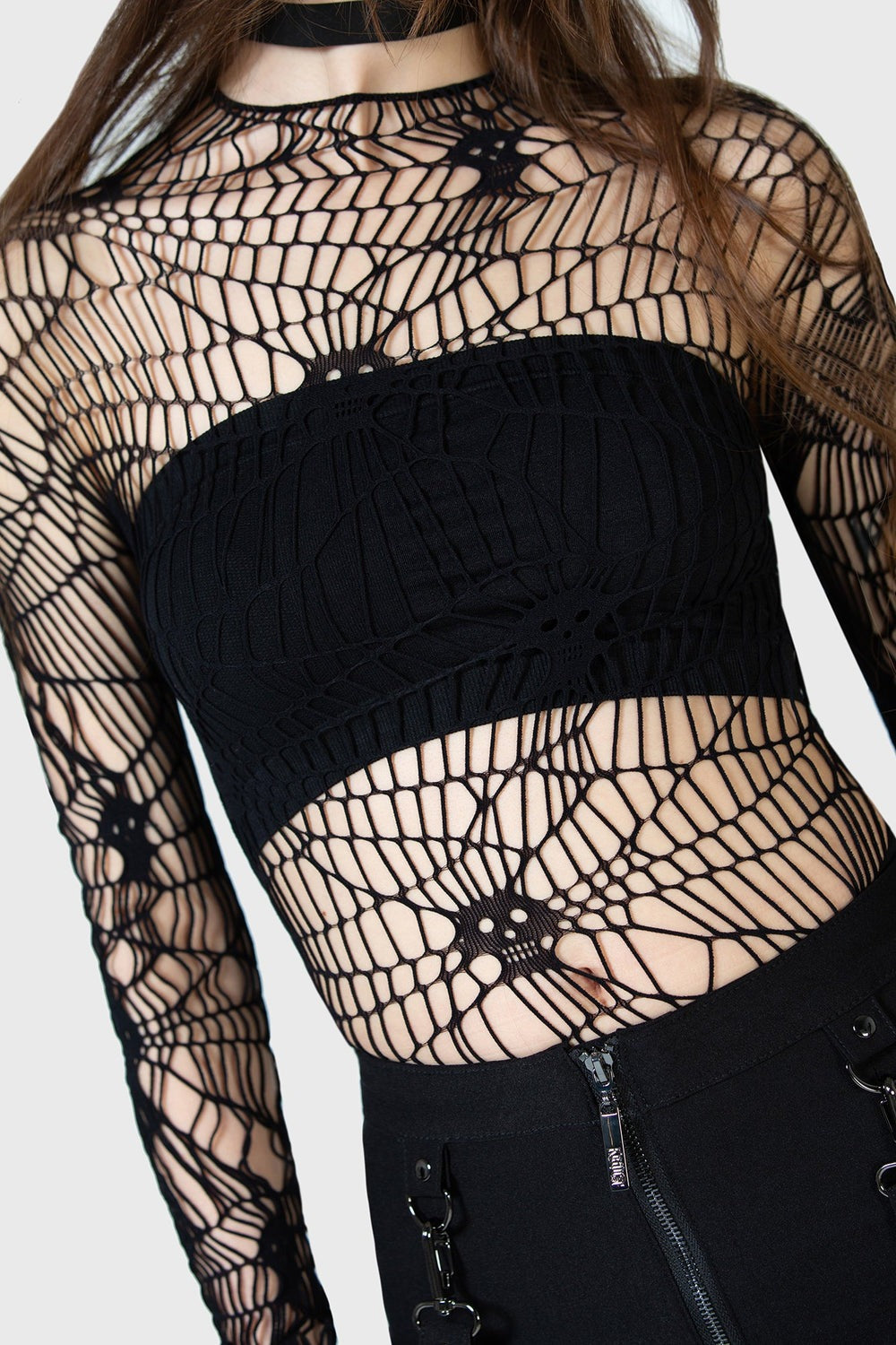 gothic spiderweb all over pattern long sleeve mesh top