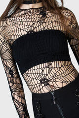 gothic spiderweb all over pattern long sleeve mesh top