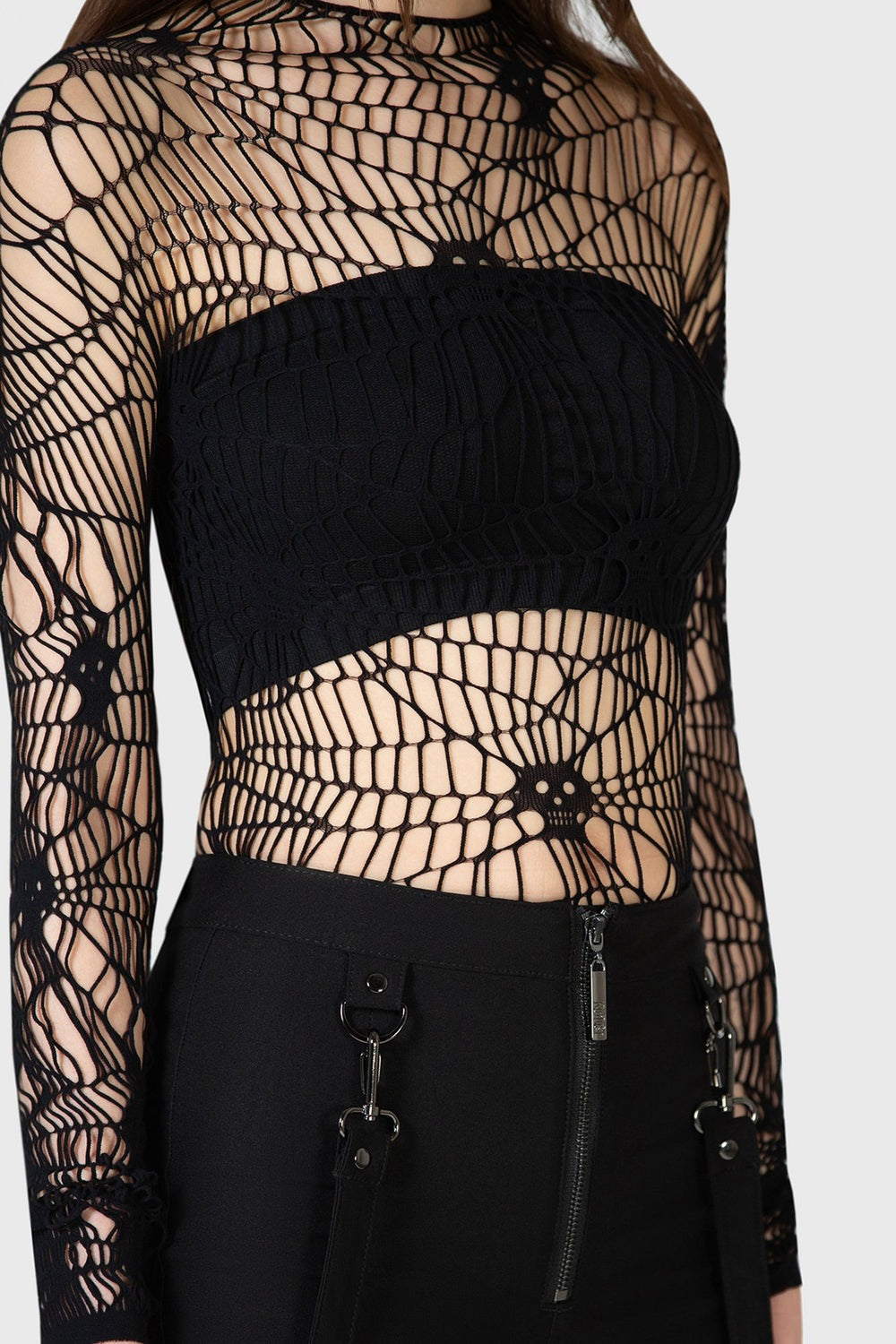 gothic spiderweb all over pattern long sleeve mesh top