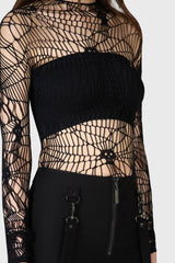 gothic spiderweb all over pattern long sleeve mesh top