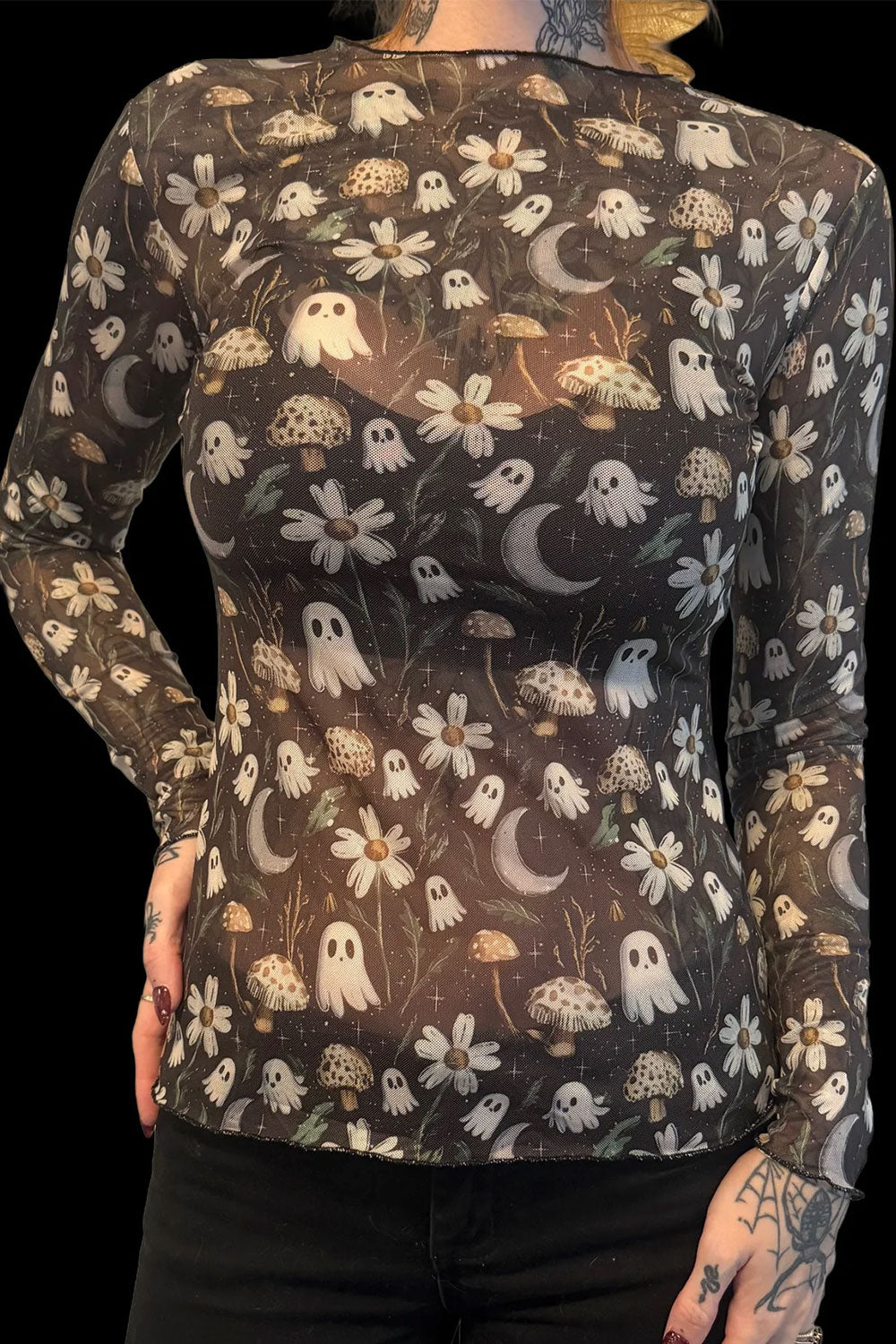 Floral haunting mesh top with ghosts and flowers from Witchwood