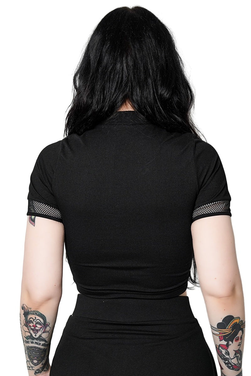 buckled fishnet high collar top