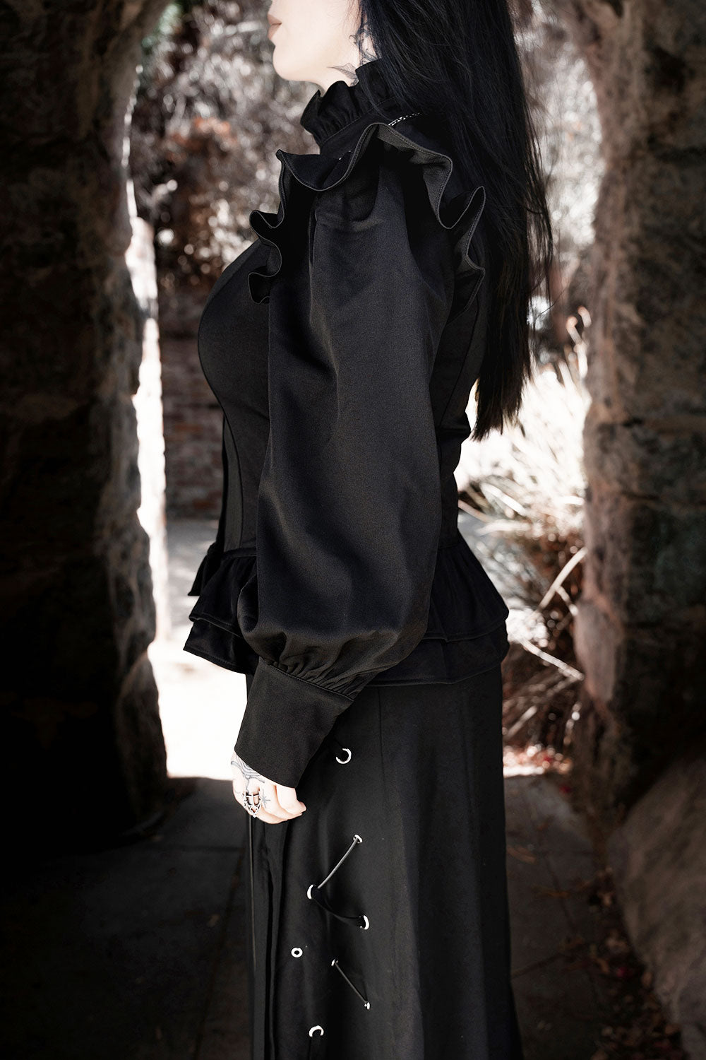 chiffon puff shoulder ruffled gothic top