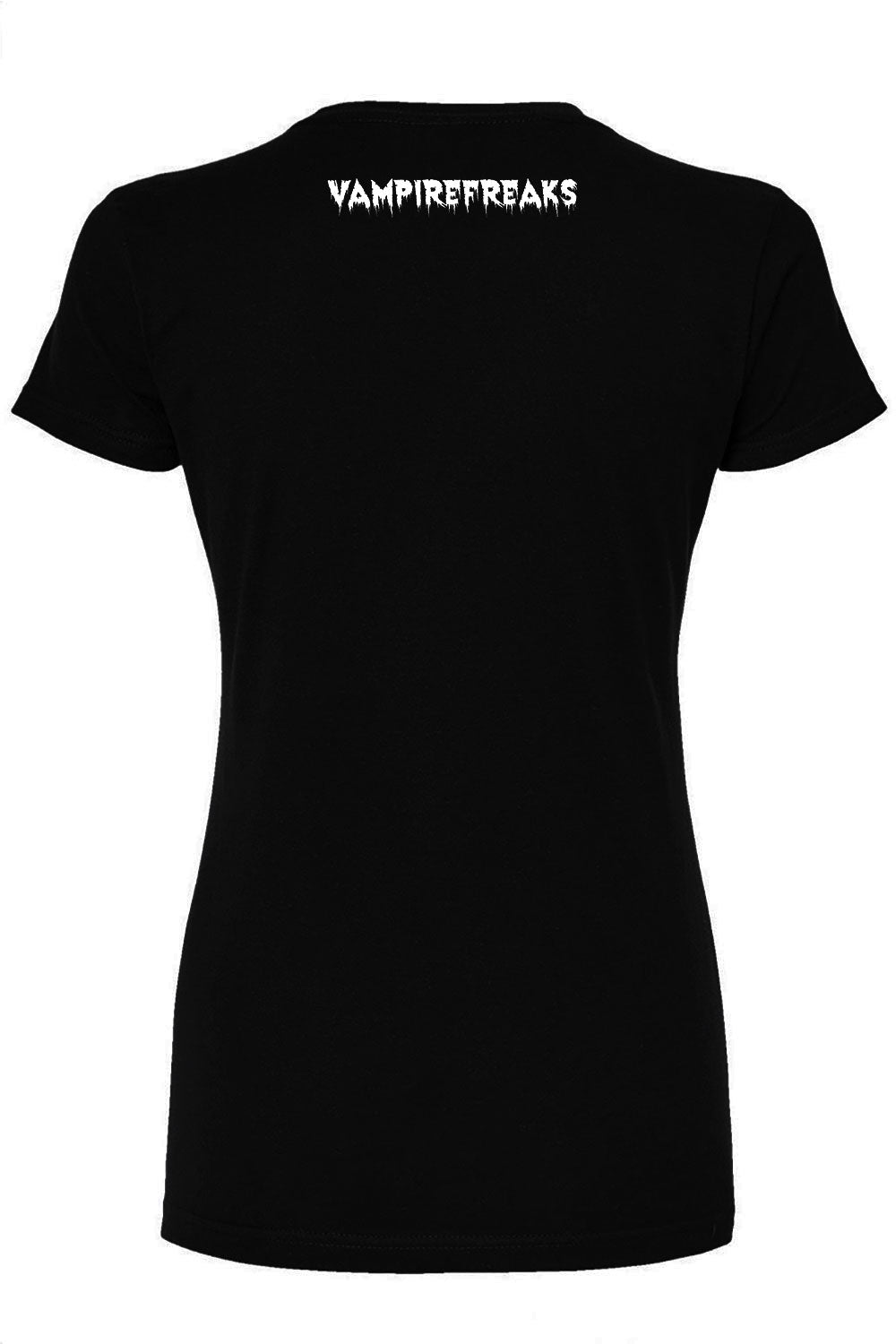 Black t-shirt with 'VAMPIREFREAKS' text on the back against a white background