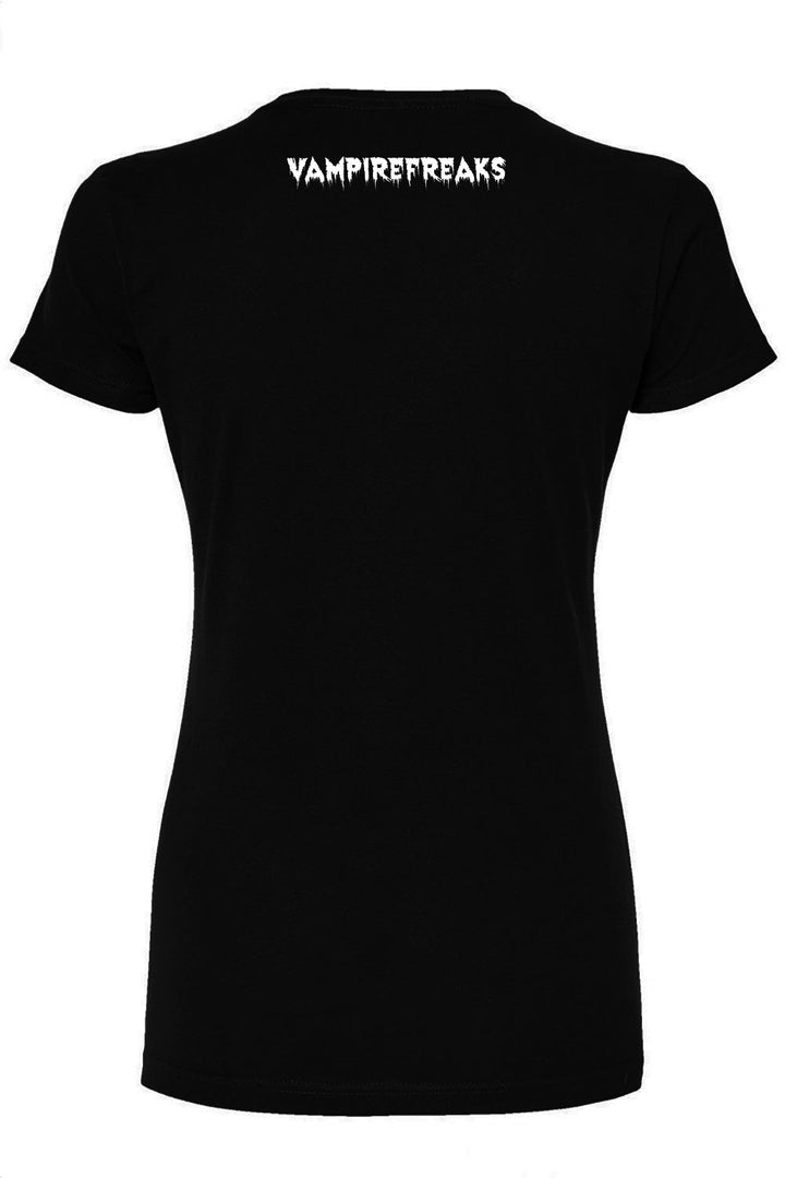 Black t-shirt with 'VAMPIREFREAKS' text on the back against a white background