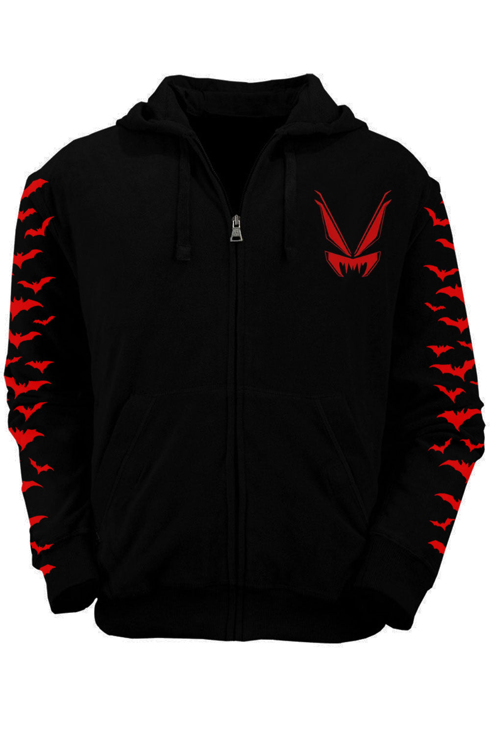 gothic vampire hoodie with VF logo on chest and red bats on sleeves