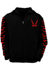 gothic vampire hoodie with VF logo on chest and red bats on sleeves